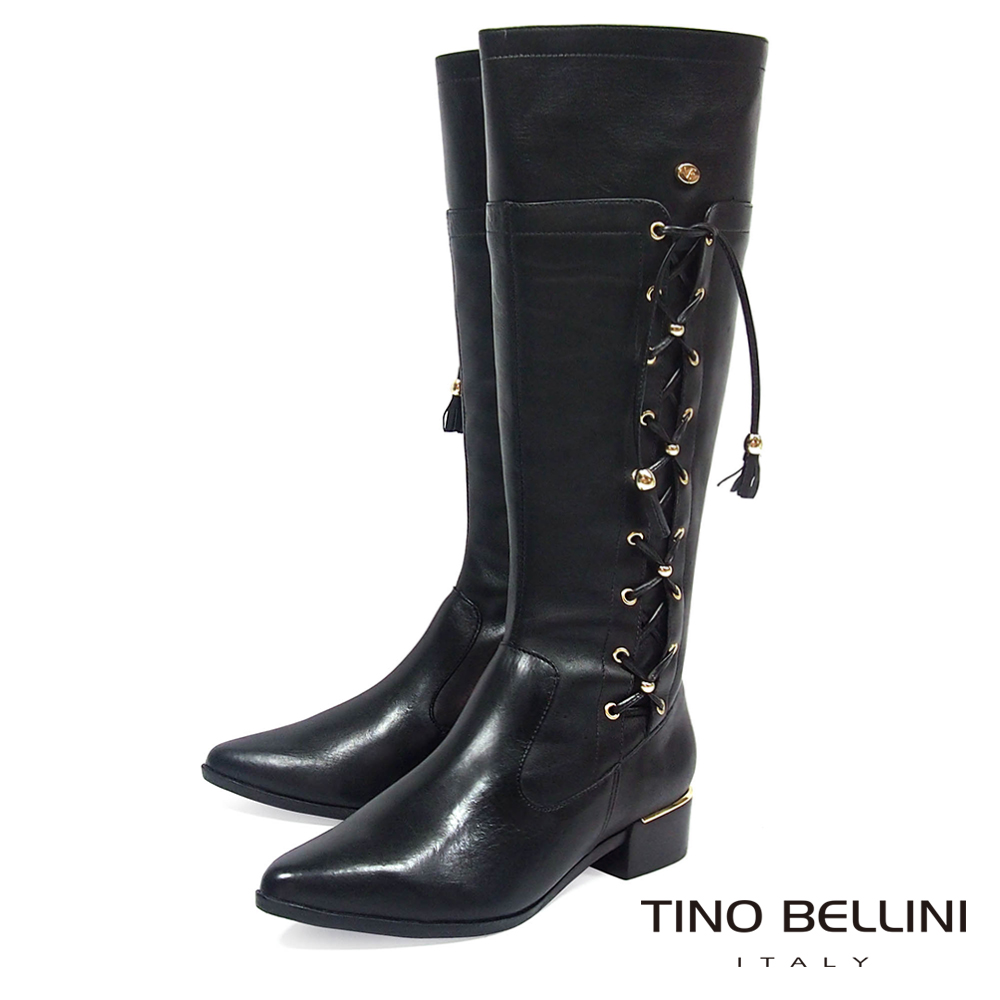 Tino Bellini 巴西進口復古情調綁帶低跟長靴_ 黑