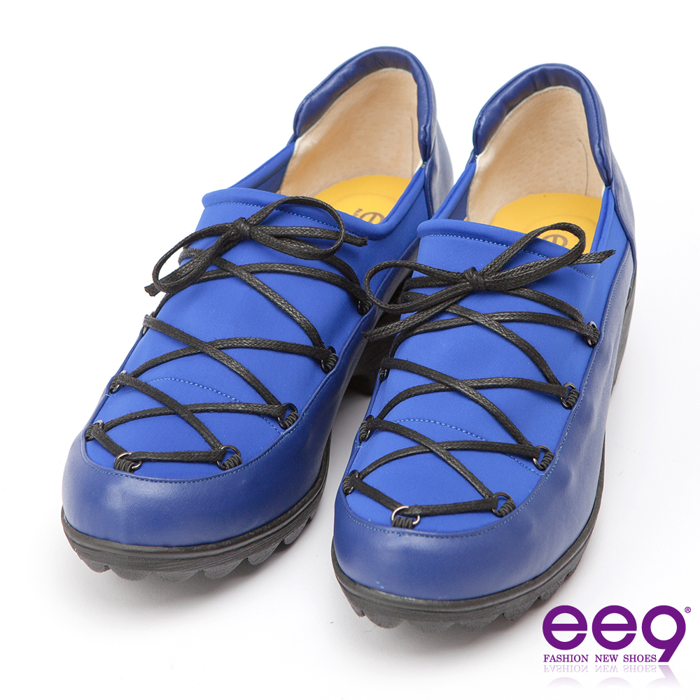 ee9 MIT經典手工~率性風格靚亮異材質併接繫帶休閒跟鞋-藍色