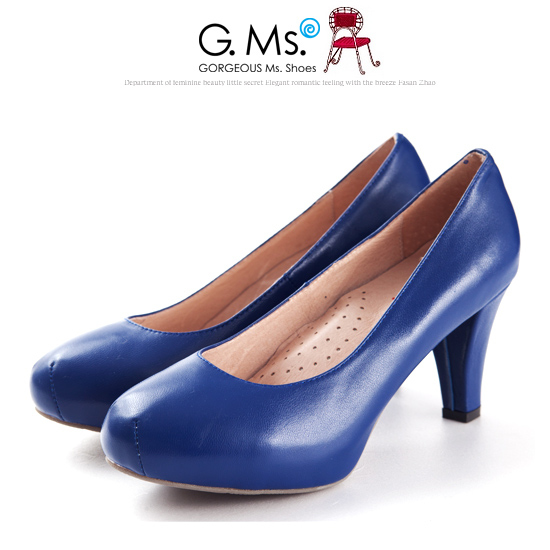 G.Ms.推薦通勤鞋‧靜音鞋跟真皮厚底粗跟包鞋‧寶藍