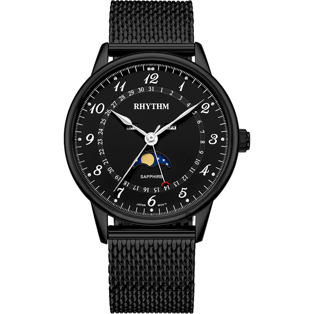 RHYTHM 日本麗聲 潮時尚米蘭帶日月相手錶-IP黑/43mm