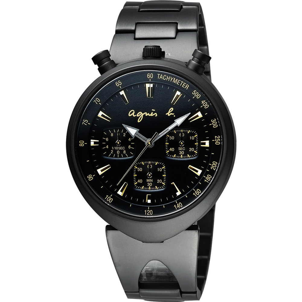agnes b. 新世界探險三眼計時腕錶-黑x金/39mm