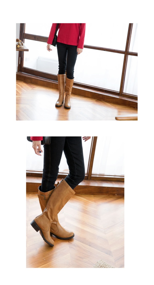 皮帶釦環造型仿皮革長靴-OB大尺碼