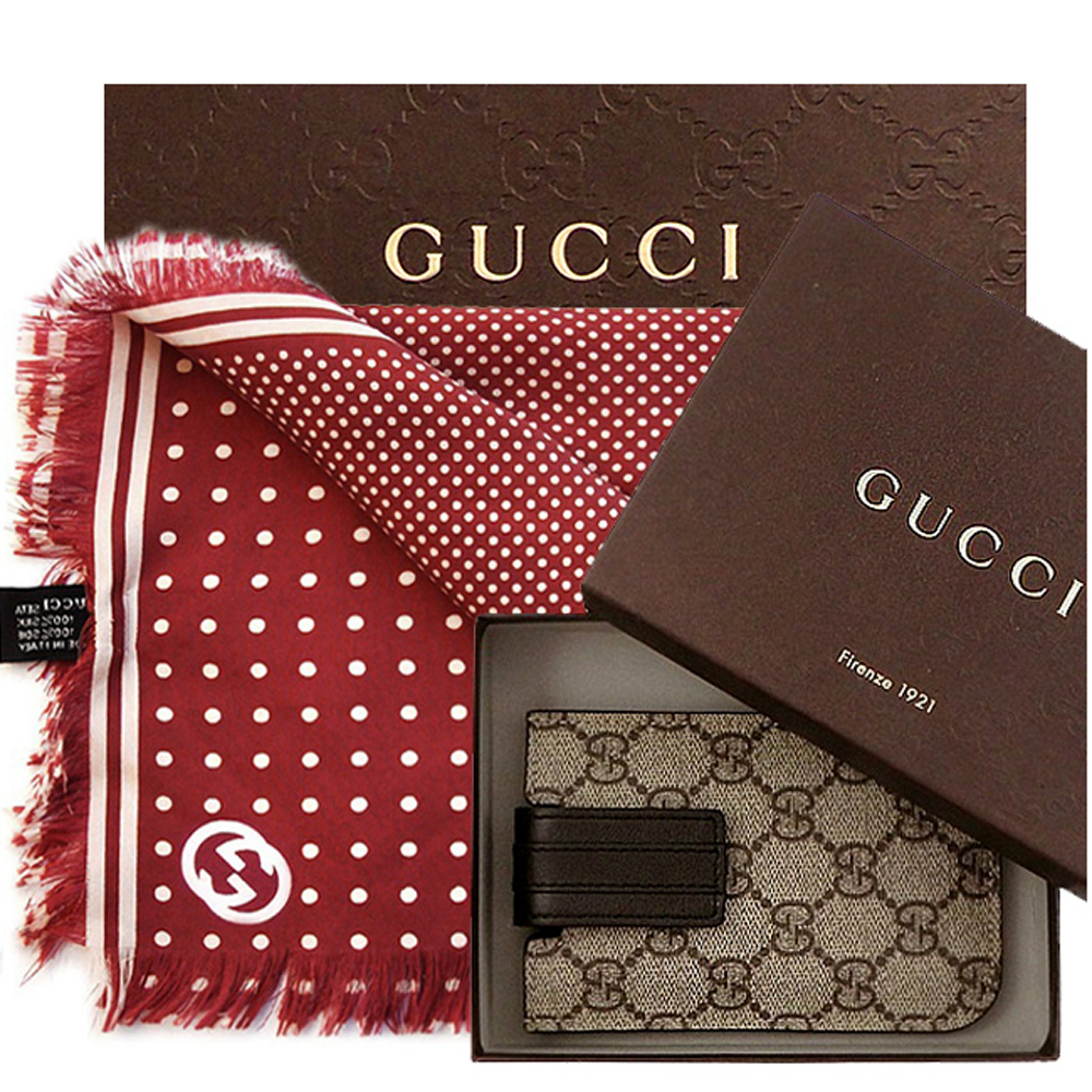 GUCCI 咖啡色雙G PVC iPhone 4/4S手機套+GUCCI 紅色造型絲巾