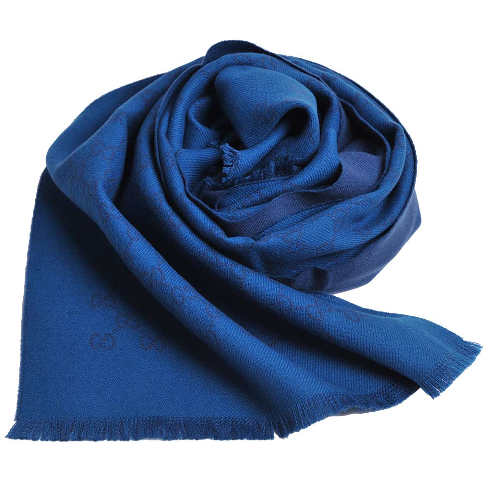 GUCCI SU SOGI 經典GG LOGO羊毛雙面寬版造型圍巾(藍LOGO/孔雀藍底)