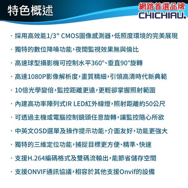 【CHICHIAU】1080P 200萬10倍速伸縮360度高速球IP網路攝影機