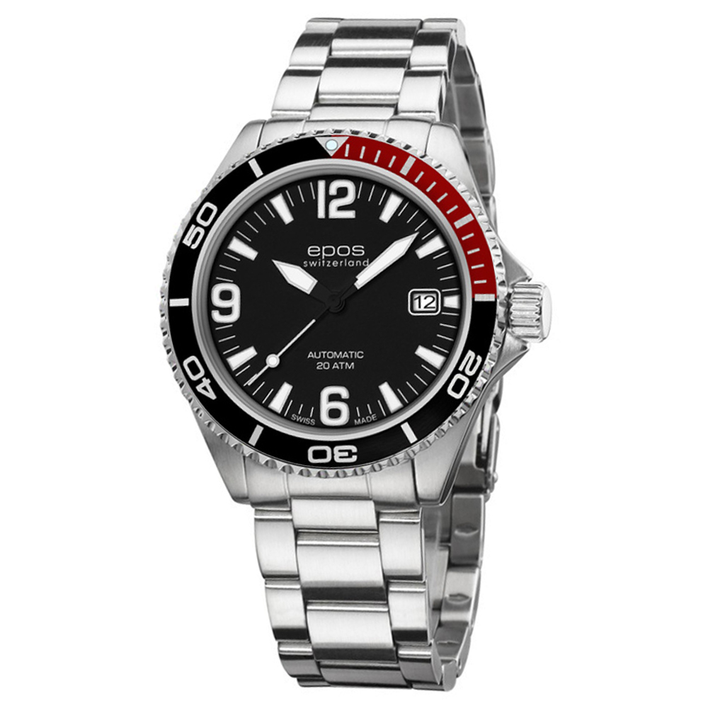 epos愛寶時 深海探險家200米潛水機械錶-黑x銀/41mm
