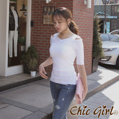 正韓 性感露肩坑條五分袖上衣 (共四色)-Chic Girl