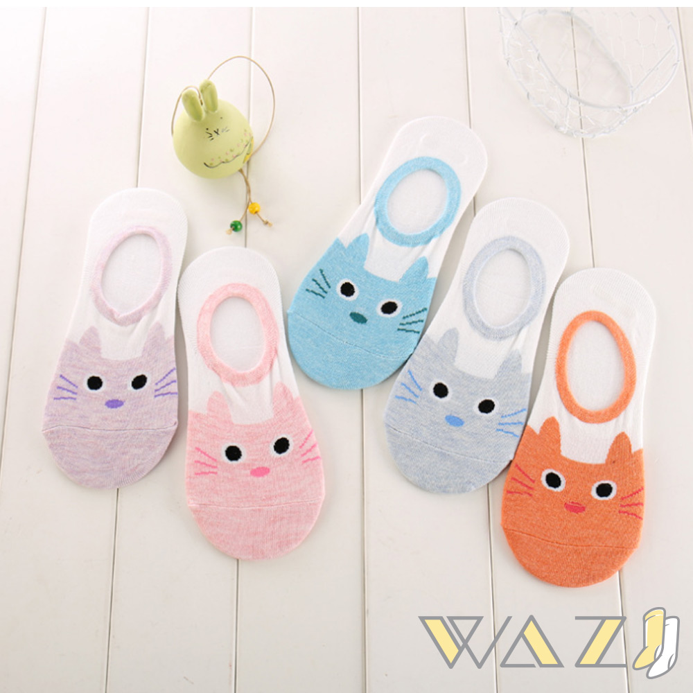 Wazi-龍貓貓咪粉嫩色防滑船襪隱形襪 (1組五入 顏色隨機)