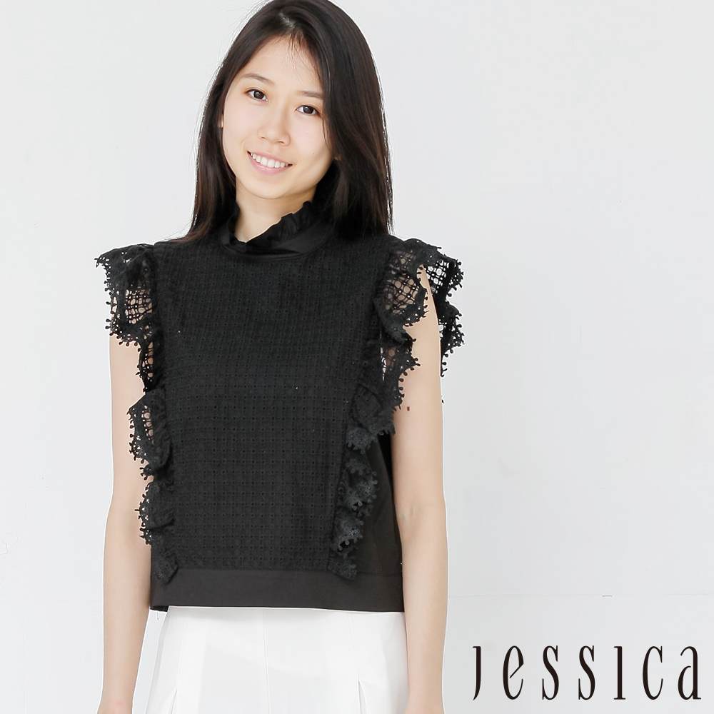 JESSICA - 甜美蕾絲格紋造型上衣（黑）