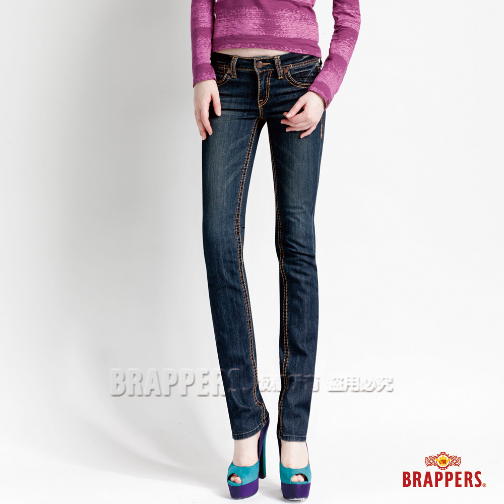 BRAPPERS 女款 新美腳Royal系列-女用彈性鑲鑽直統褲-藍