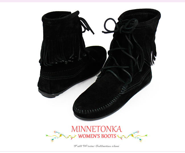 MINNETONKA 黑色麂皮單層流蘇 中筒靴 經典必備 (展示品)