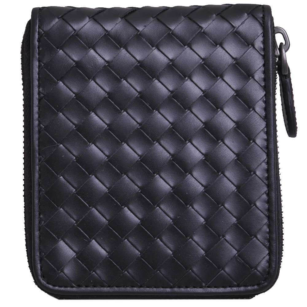 BOTTEGA VENETA 小羊皮手工編織拉鍊零錢短夾(黑色)