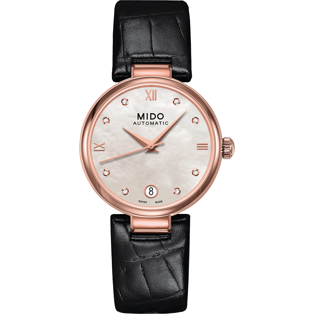 MIDO 美度 官方授權 Baroncelli 優雅羅馬真鑽機械女錶-珍珠貝x玫瑰金/33mm