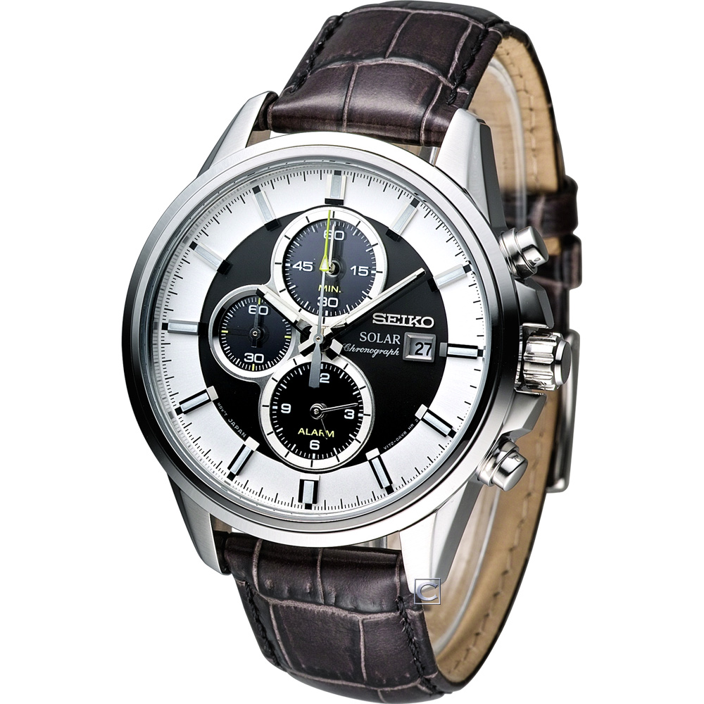 SEIKO 精工SOLAR 運動風計時腕錶-銀白x咖啡色錶帶/42mm