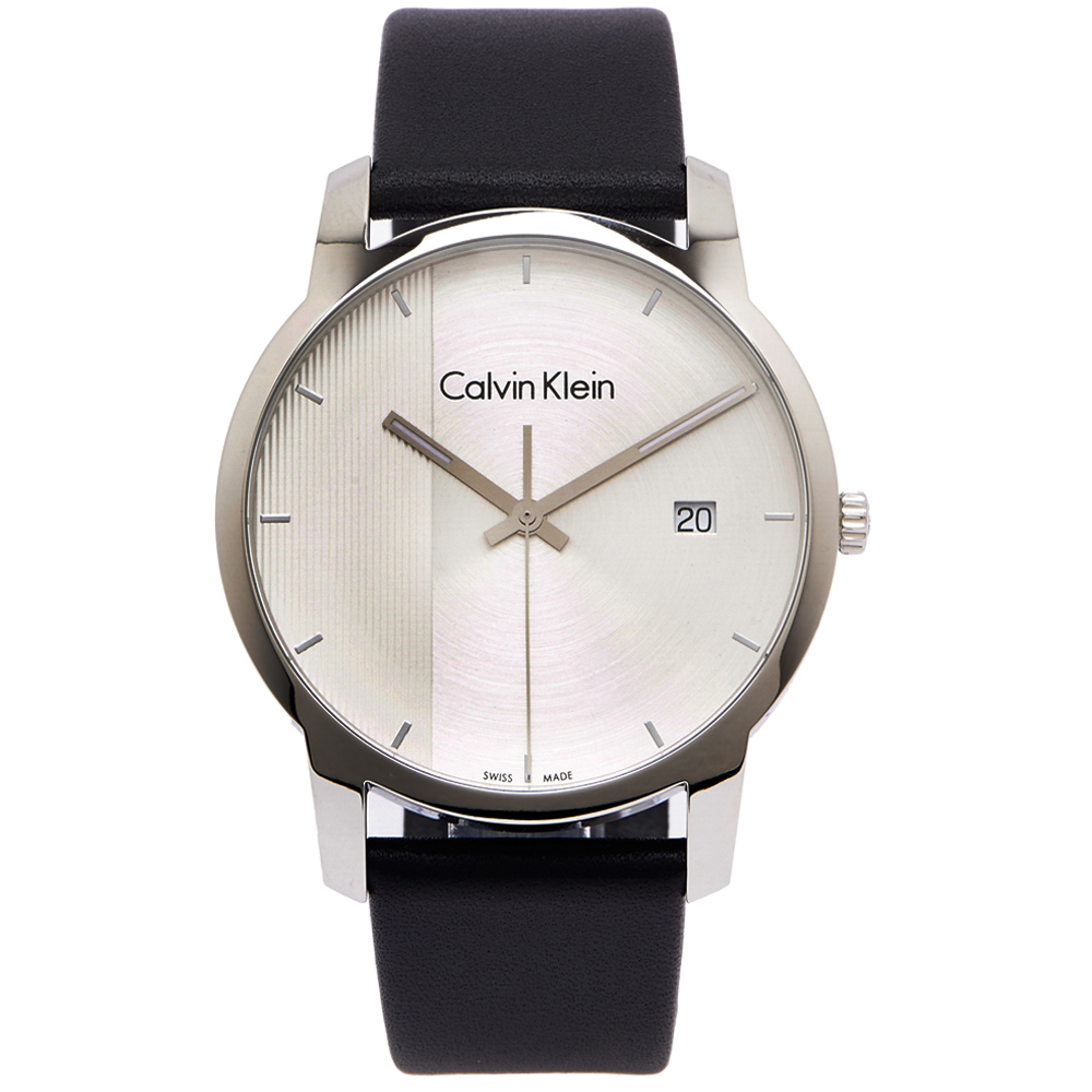 CK Calvin Klein 黑色時尚風格皮革錶帶手錶-銀面x黑色/43mm