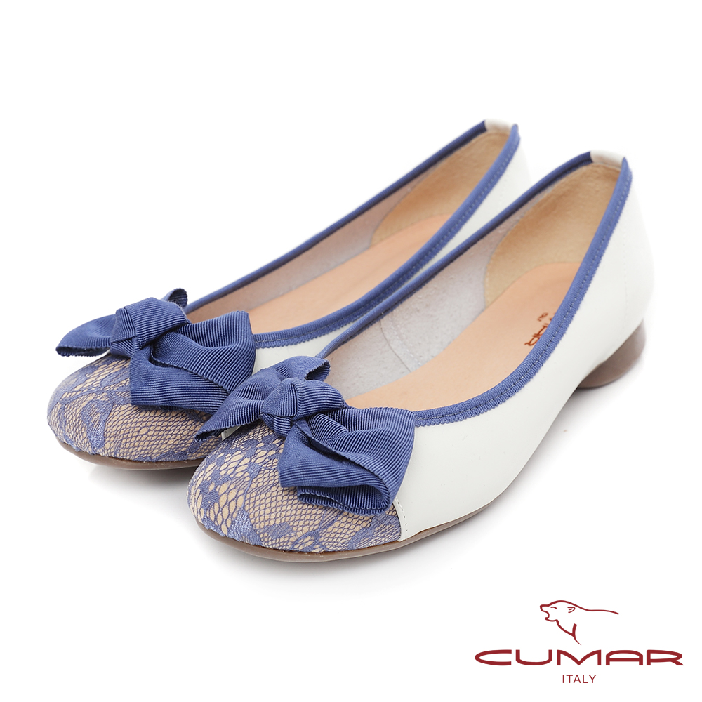 CUMAR慵懶主義-蕾絲拼接立體蝴蝶結娃娃鞋-米藍