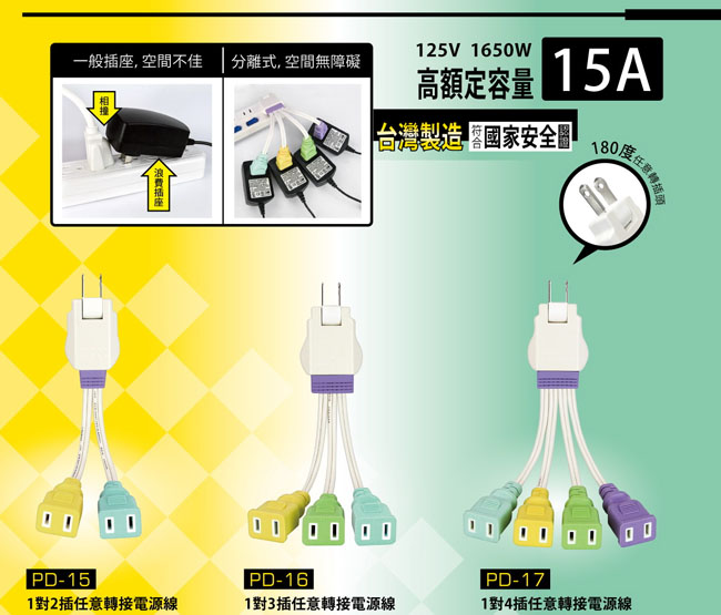 KINYO 1對3插2P任意轉接電源線(PD16)