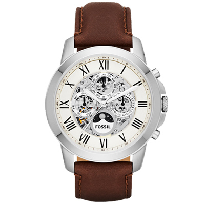 FOSSIL Grant 領導者全日曆時尚機械腕錶-銀x咖啡/44mm