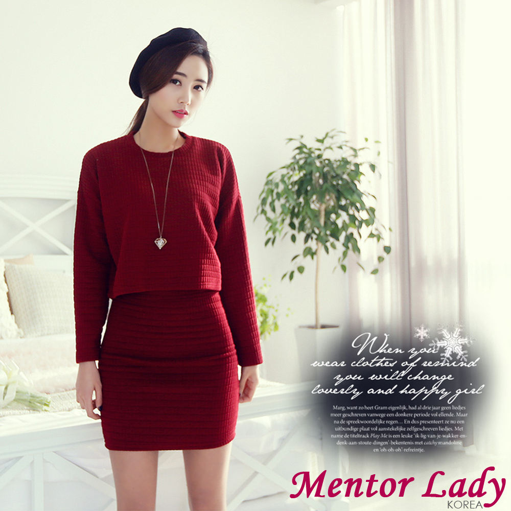 兩件式厚綿格紋休閒套裝 (酒紅色)-Mentor Lady
