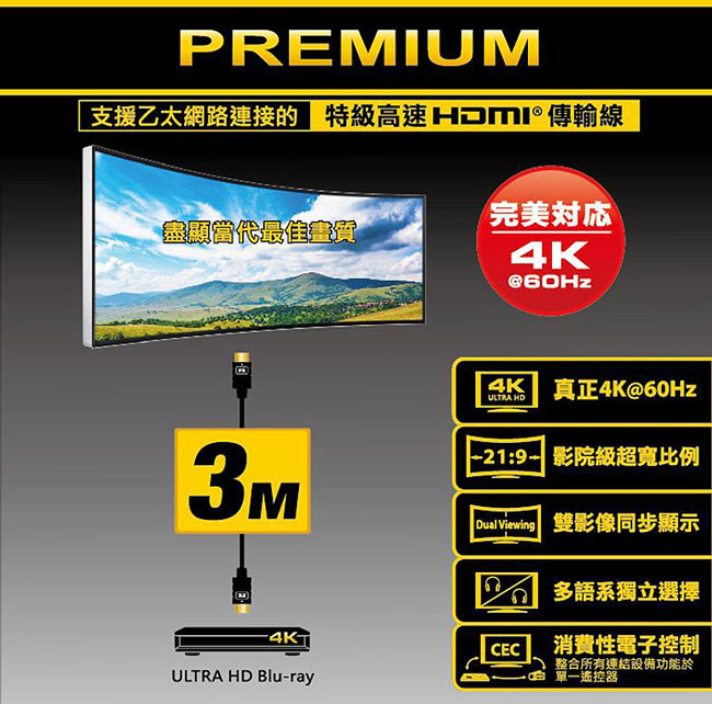 PX大通PREMIUM特級高速HDMI?傳輸線(3米) HD2-3MX