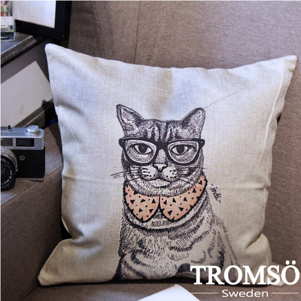 TROMSO-品味英倫棉麻抱枕/手繪貓咪