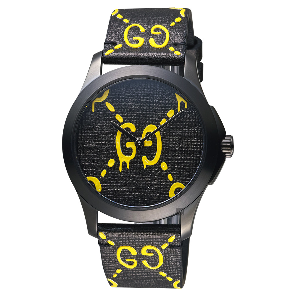 GUCCI 古馳 雙G壓紋造型錶-黑/38mm