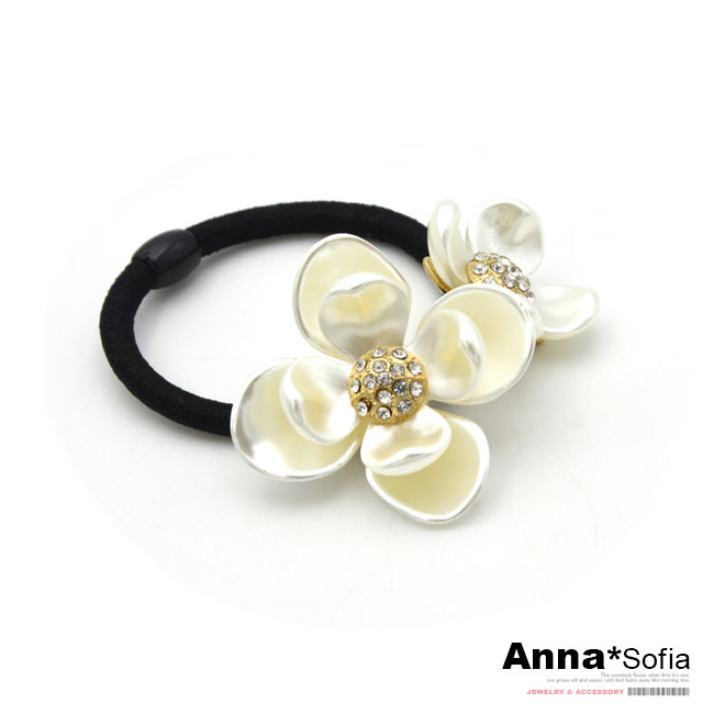 【3件480】AnnaSofia 珠彩雙鑽花款 彈性髮束(珠白系)