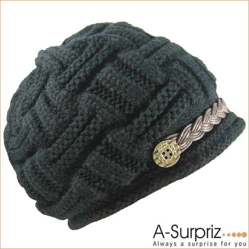 A-Surpriz 潮人鈕釦麻花皮帶毛線帽(氣質黑)