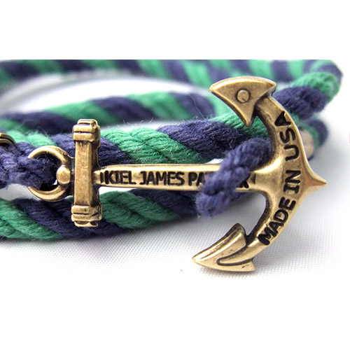 Kiel James Patrick 美國手工船錨棉麻繩多圈手環 深藍綠纏繞編織
