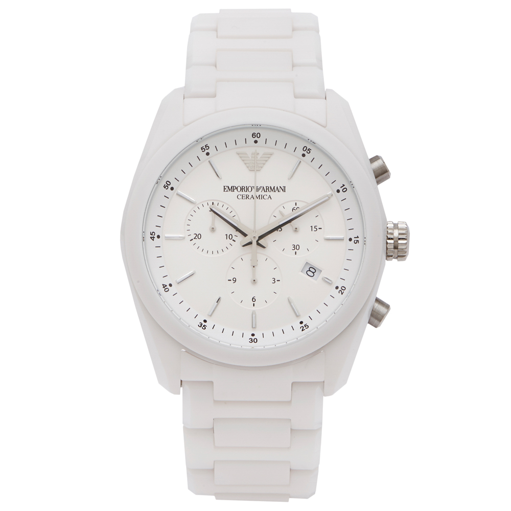 ARMANI 白色純粹簡約風陶瓷手錶(AR1493)-銀面x白色/42mm