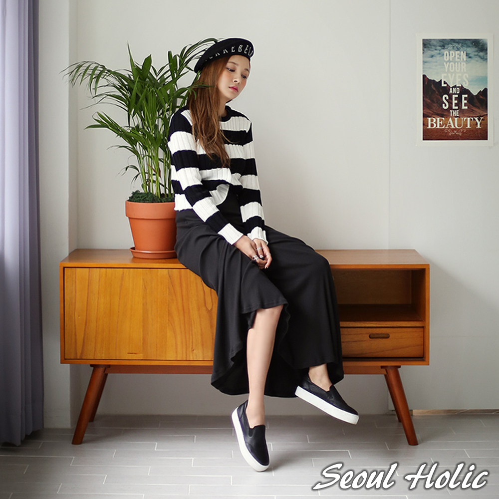 細直紋針織素面大裙襬長裙 (黑色)-Seoul Holic