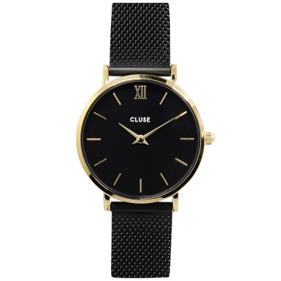 CLUSE荷蘭精品手錶 MINUIT金色系列 黑錶盤/黑色金屬錶帶33mm
