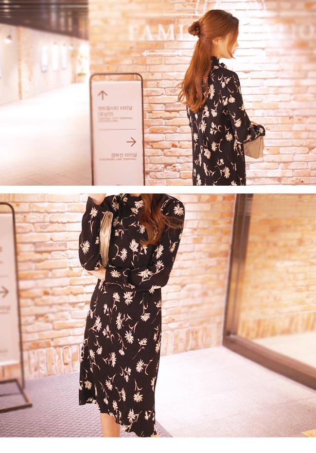 小雛菊荷葉高領紋理洋裝 (黑色)-2am.Korea