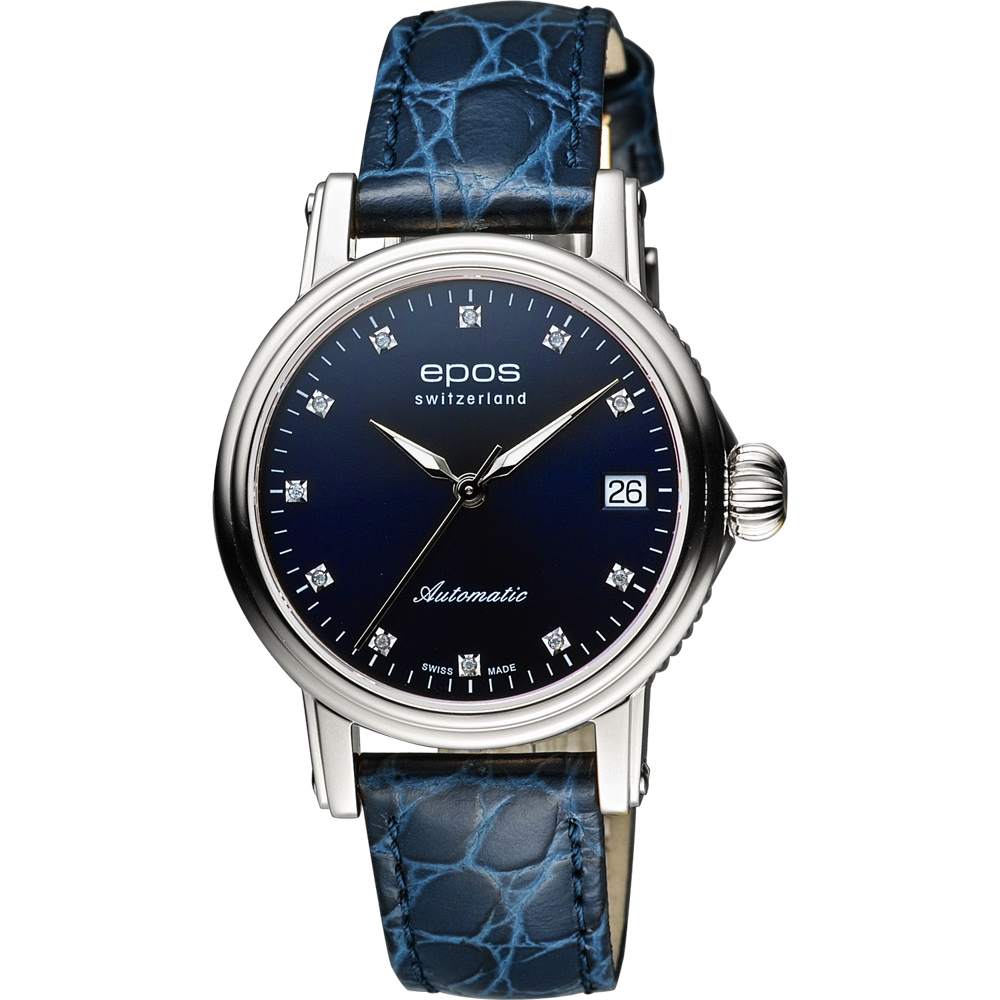 EPOS 都會雅緻時尚真鑽機械女錶-藍/34mm