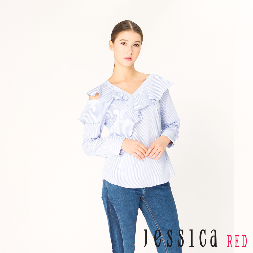 JESSICA RED - 清新荷葉領挖肩造型上衣（藍）