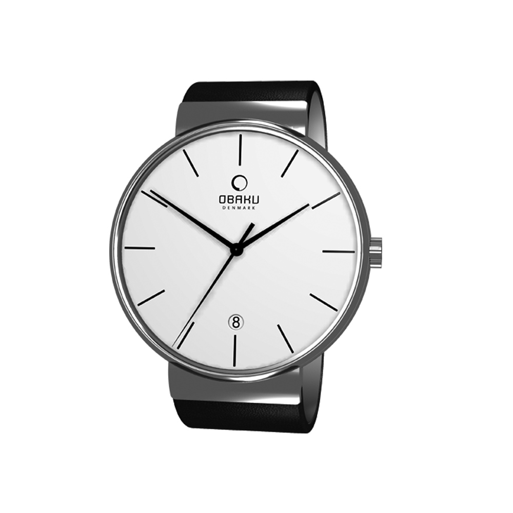 OBAKU 純粹經典日期時尚腕錶-白x深咖啡錶帶/41mm