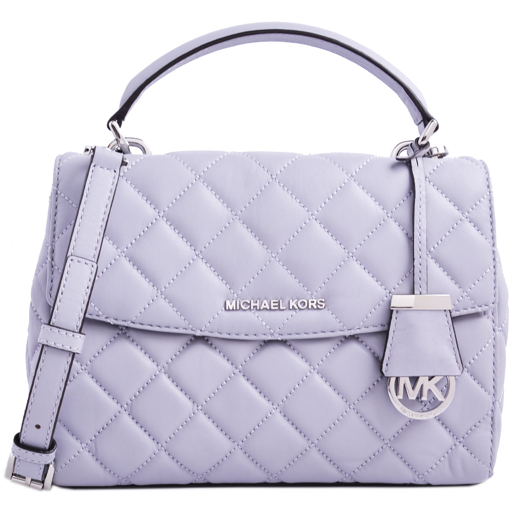 MICHAEL KORS AVA 銀LOGO菱格紋羊皮雙層肩背包-小/淺灰