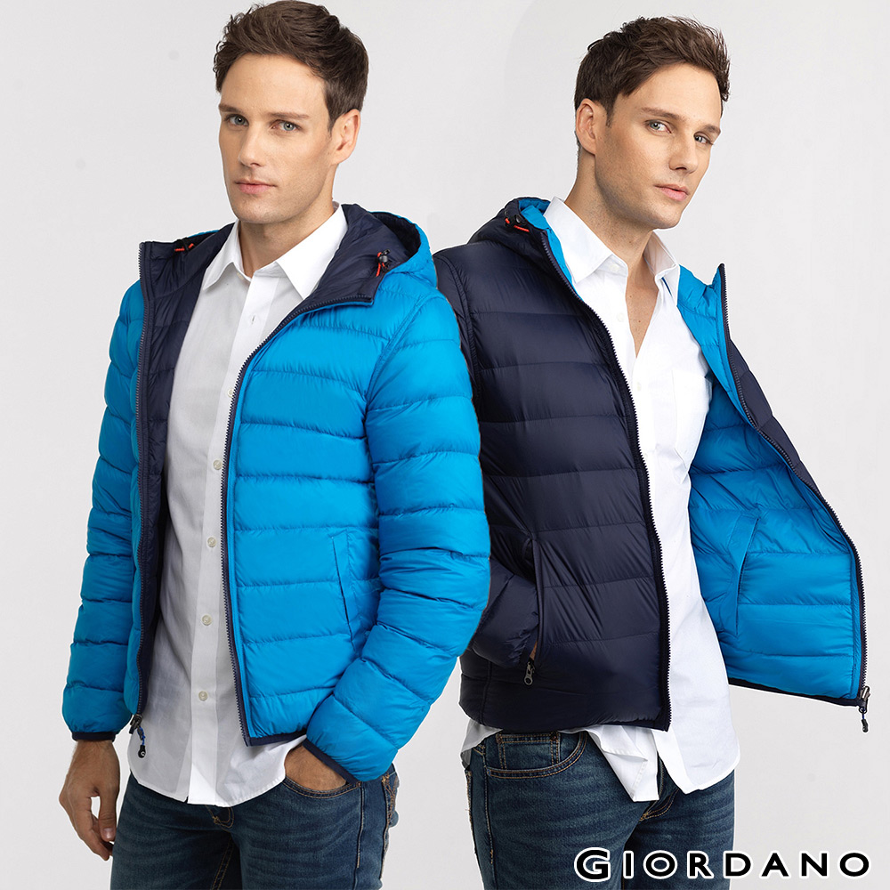 GIORDANO 男裝90%羽絨雙面穿修身連帽輕羽絨外套- 66 藍/中花灰色