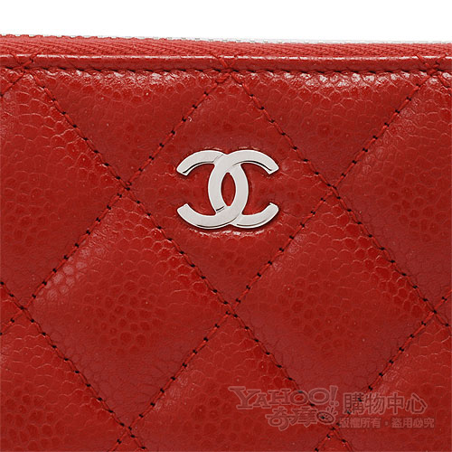 CHANEL 經典菱格壓紋雙C LOGO魚子醬小牛皮拉鍊長夾(紅)