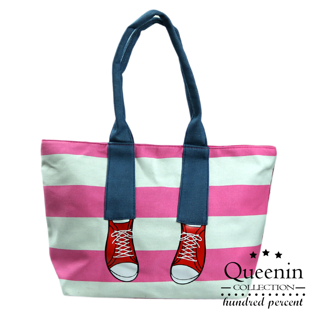 DF Queenin - 日本人氣條紋款帆布美腿包肩背托特包-共3色