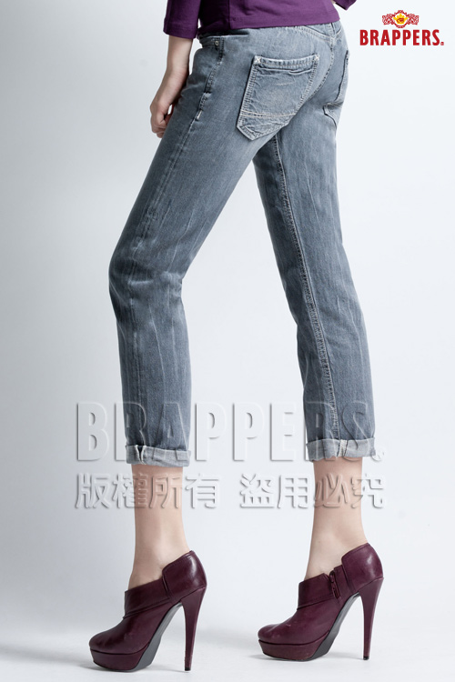 BRAPPERS 女款BoyFriendJeans系列-女用3D八分反摺褲-淺黑灰
