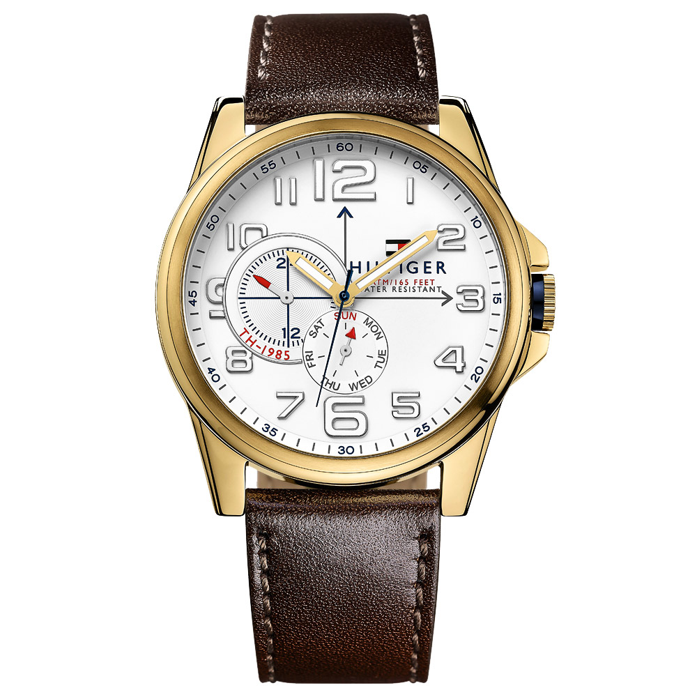 Tommy Hilfiger 飛行員時尚設計腕錶-銀x金框/46mm