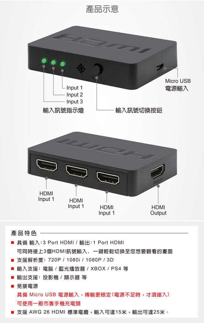 伽利略HDMI影音切換器 3進1出