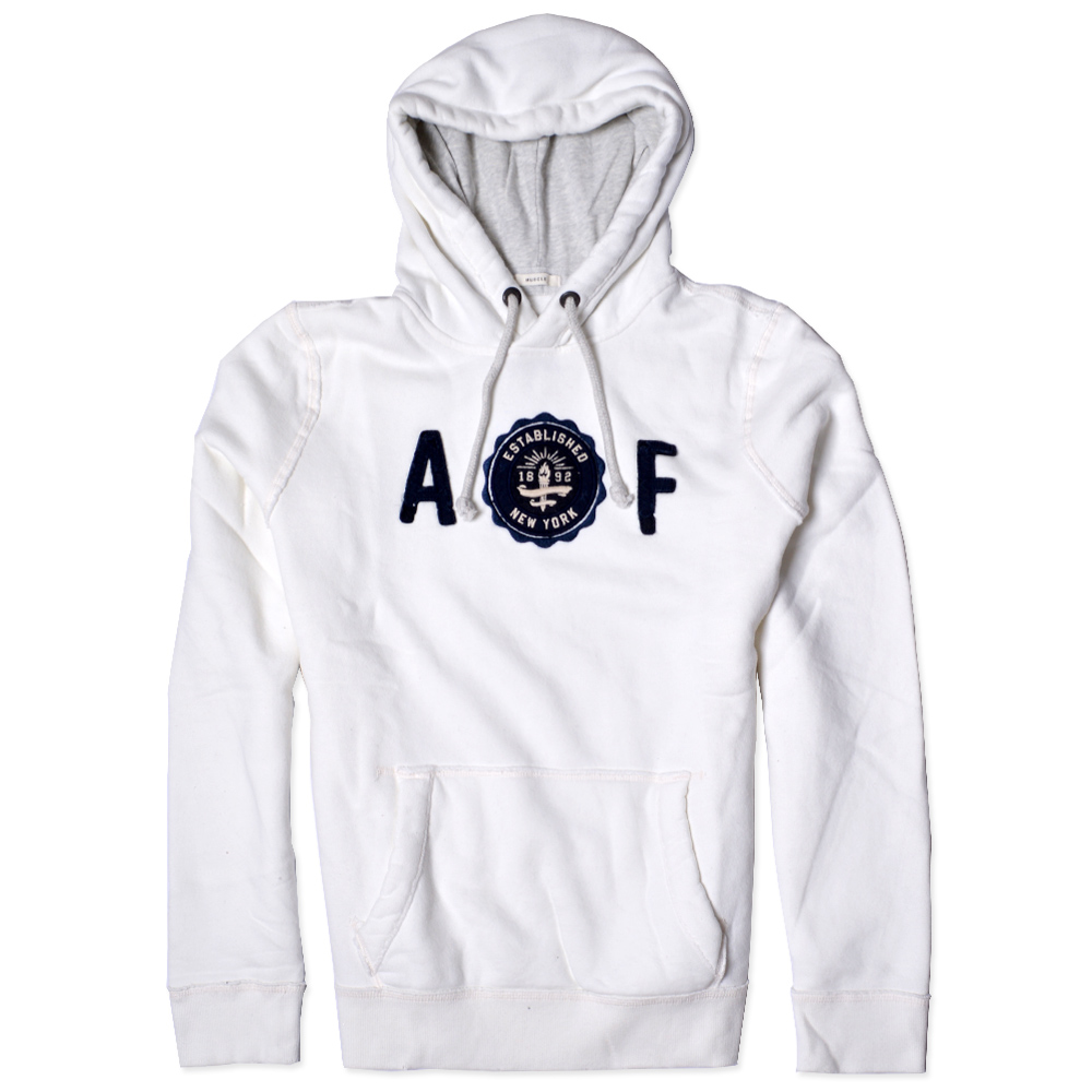 A&F Abercrombie & Fitch 仿舊貼布鋪棉連帽長袖T恤-白