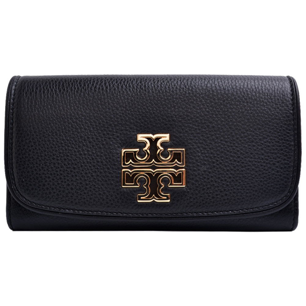 TORY BURCH  BRITTEN 金屬LOGO全皮革翻蓋長夾-黑