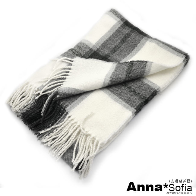 AnnaSofia 知性氣質格紋 厚織仿羊絨大披肩圍巾(米灰系)