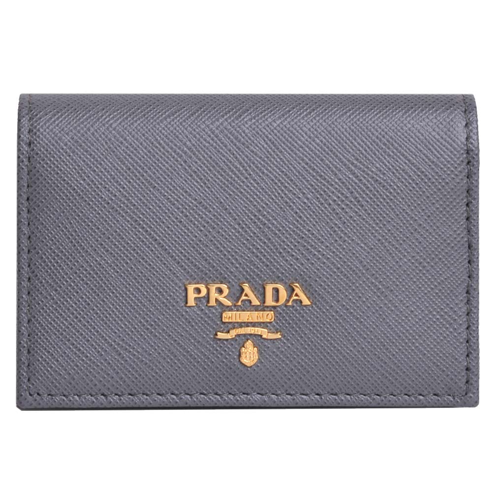 PRADA SAFFIANO  雙色拼接金字防刮牛皮釦式名片夾(象灰色)