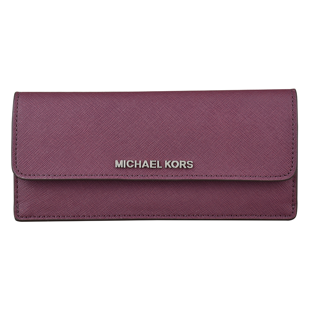 MICHAEL KORS JET SET TRAVEL銀字LOGO防刮牛皮釦式長夾(紫紅)