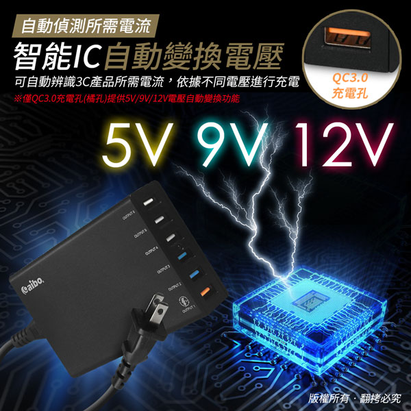 aibo Q369 QC3.0 5V/9V/12V 6埠高速快充器(支援Type-C充電)