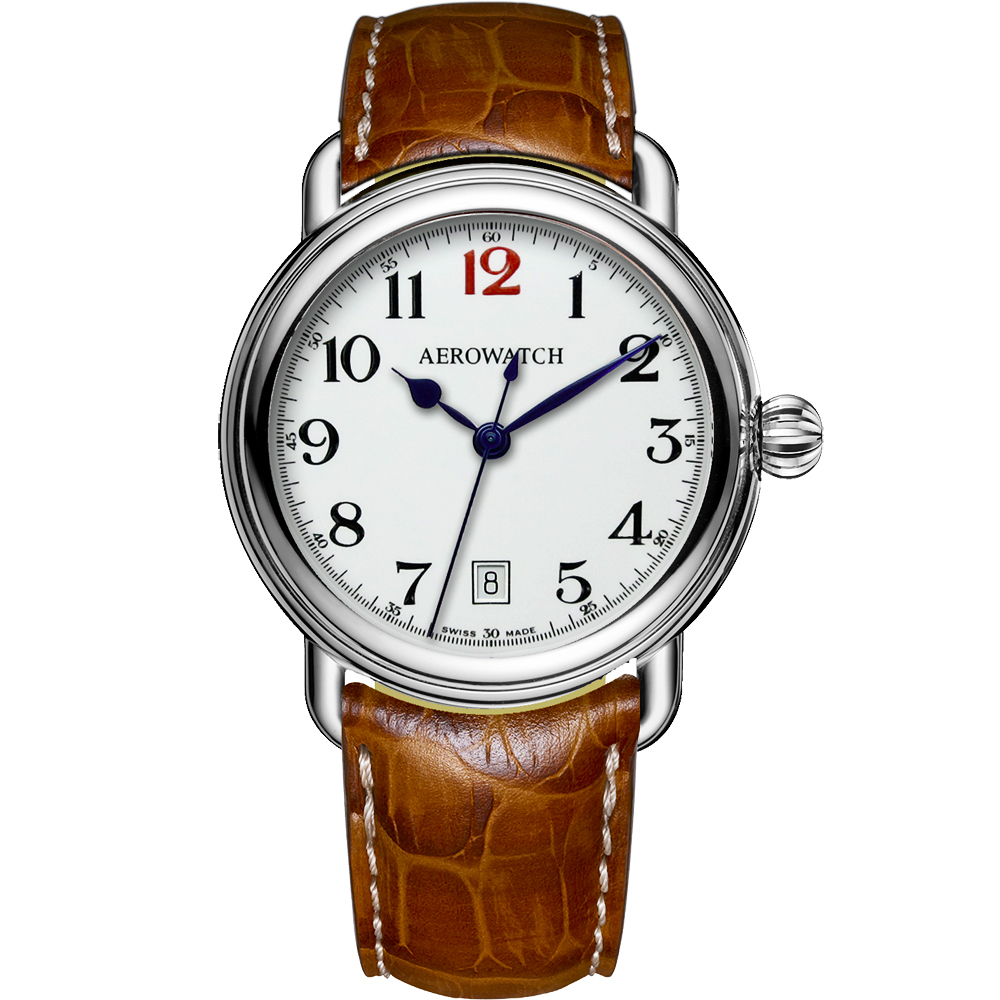 AEROWATCH 搪瓷復刻紳士時尚腕錶-白x棕/40mm